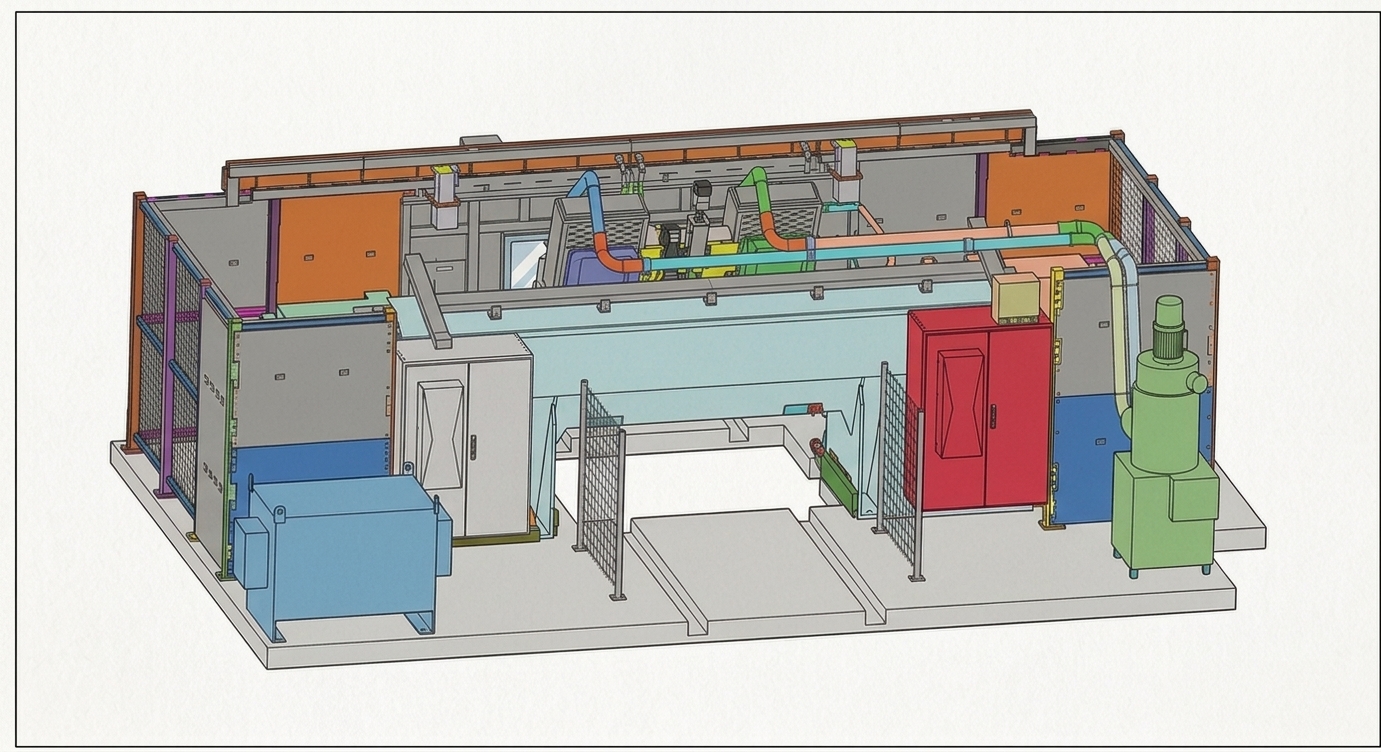 Projeto tridimensional atualizado da máquina com proteções, painéis e sistemas de segurança