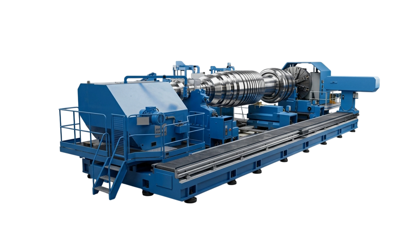 Torno de grande porte Torni Tacchi, em azul, com uma peça cilíndrica montada